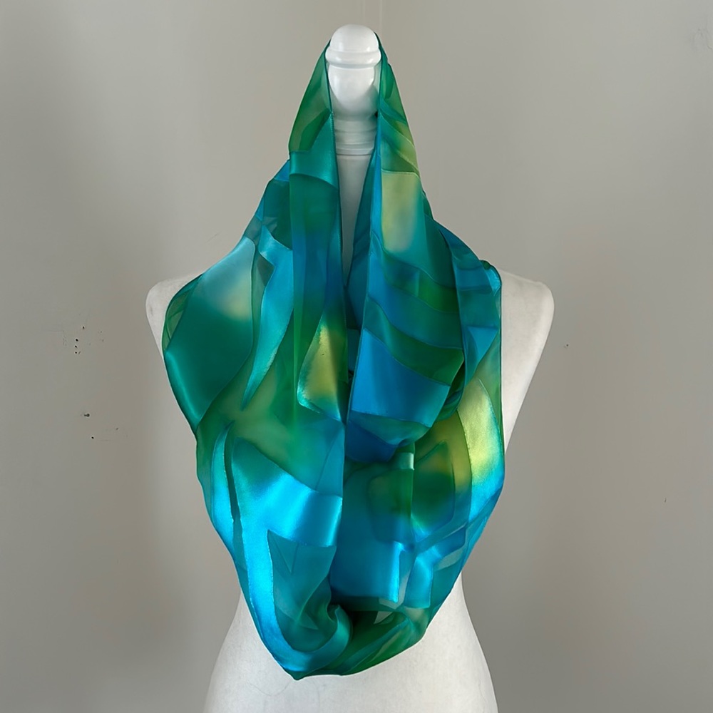 Green/Blue Hand Painted Silk Infinity Scarf